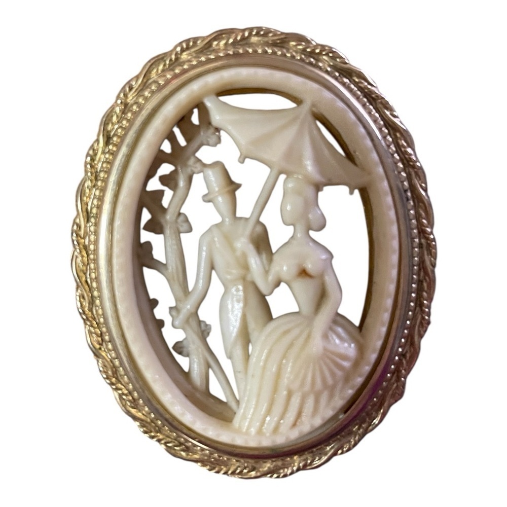 Vintage CORO Courting Couple w/Parasol Carved Celluloid Brooch, Signed